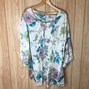 Soft Silky Cream Floral Pleated Scoop Neck 3/4 Sleeve Sheer Top 1X